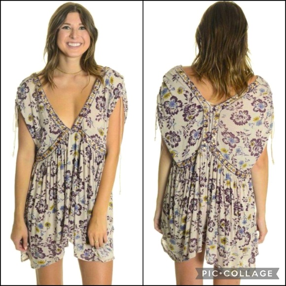 Free People Linen Blend Floral Handkerchief Hem Peasant Blouse Top - Picture 2 of 9